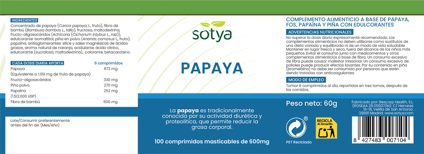 Papaya 100 Comprimidos masticables de 600mg