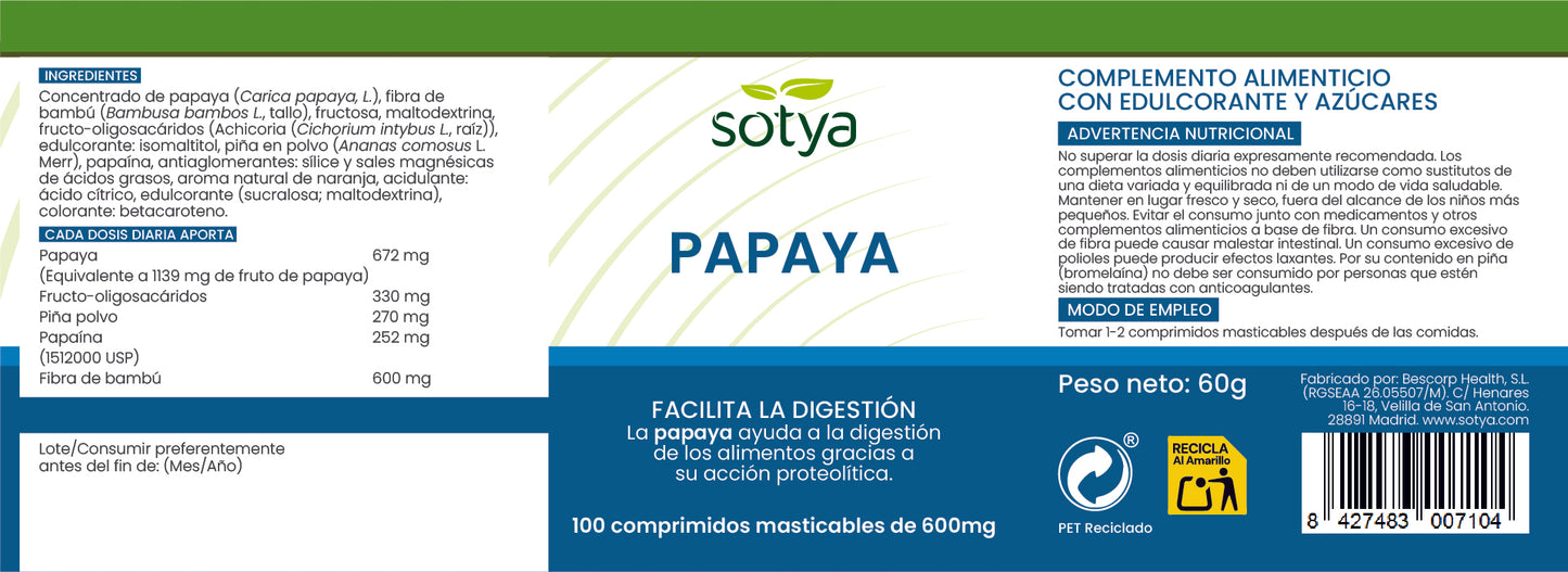 Papaya 100 Comprimidos masticables de 600mg