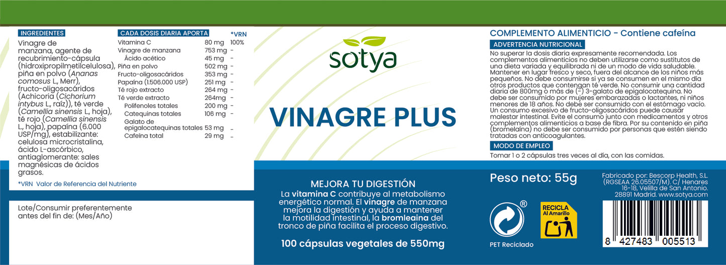 Vinagre plus 100 cápsulas vegetales de 550mg