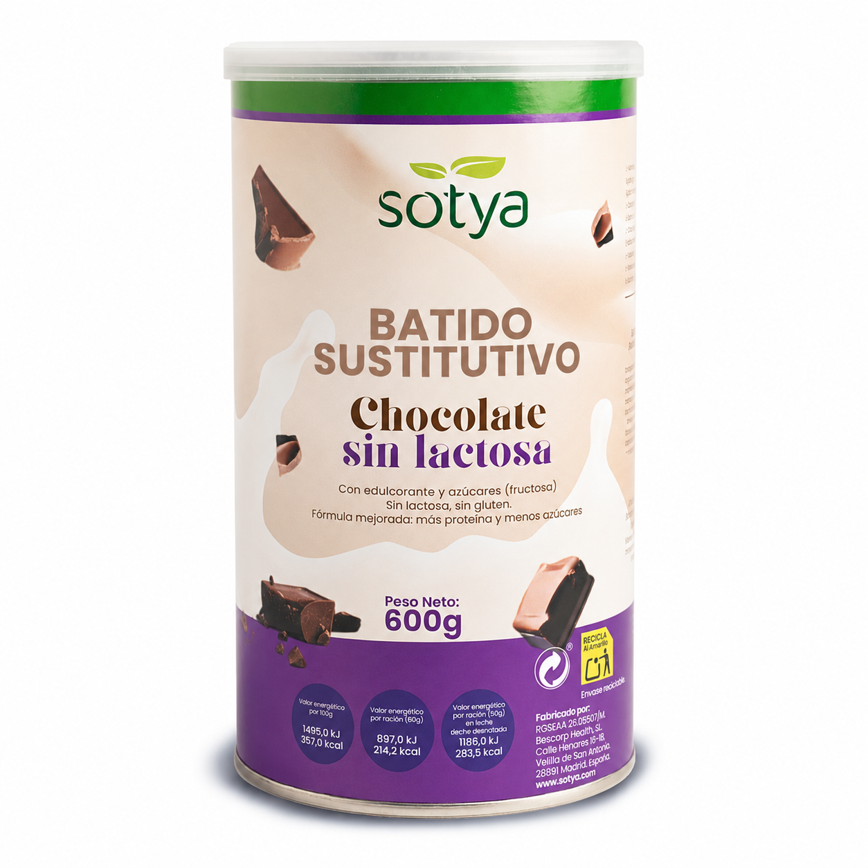 Batido sustitutivo Chocolate sin lactosa, 600g