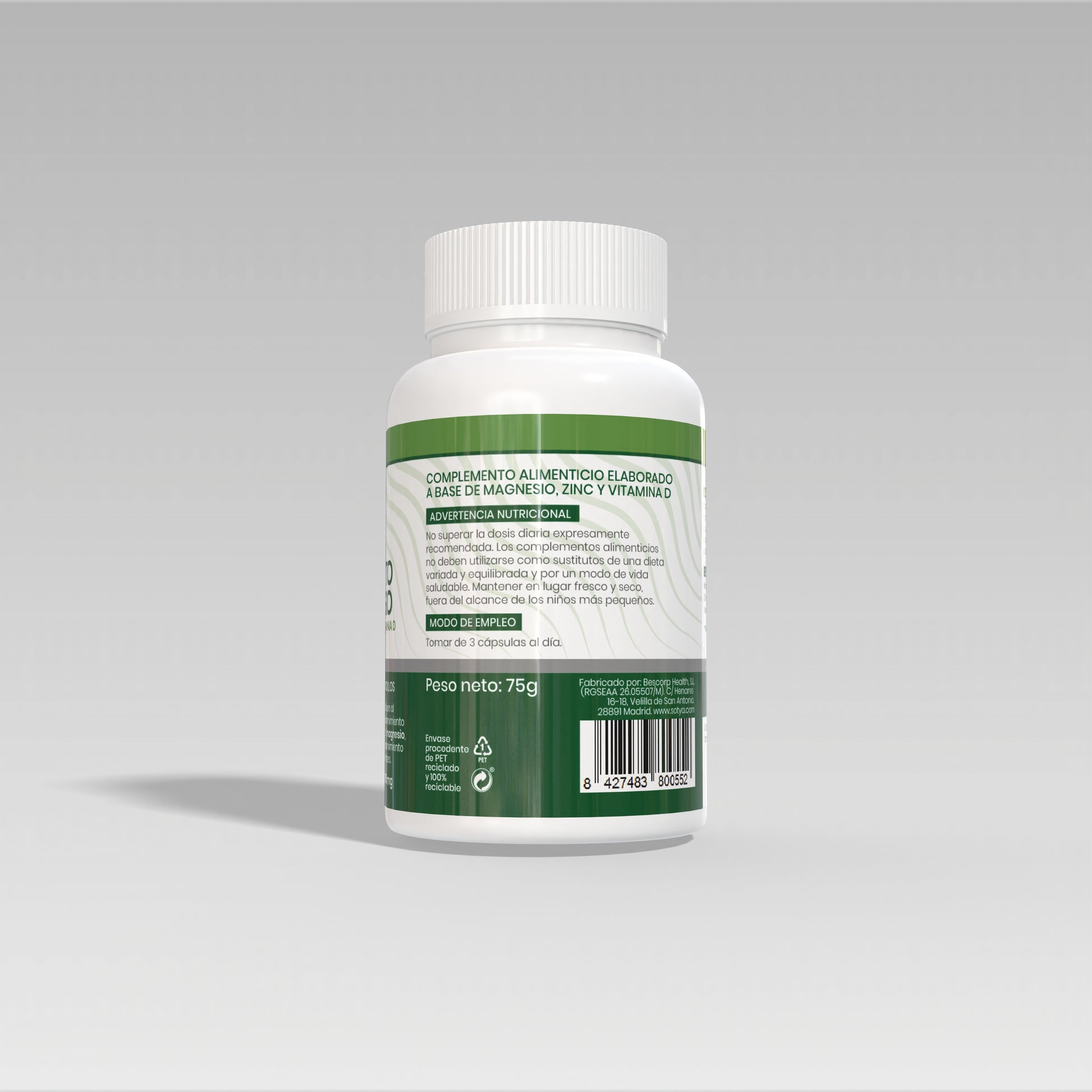 Bisglicinato de Magnesio Enriquecido con zinc y vitamina D 100 cápsulas vegetales de 750mg - Sotya