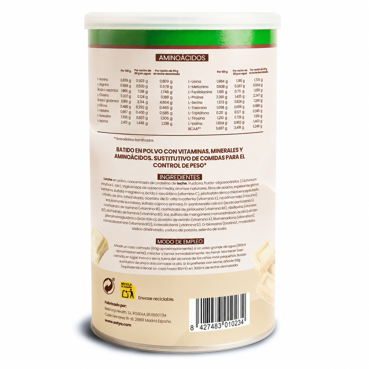 Batido sustitutivo Chocolate Blanco, 600g